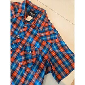 Wrangler Western Shirts Vintage Mens Plaid Short Sleeve Pearl Snap Button‎ XL